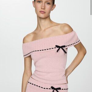 Mango Pink Off-Shoulder Top with Black Bow